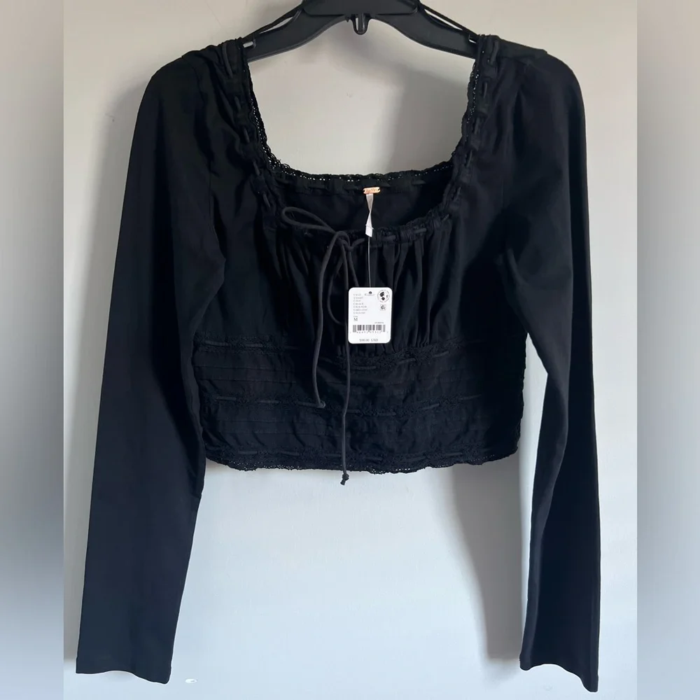FREE PEOPLE Scarlet Smocked Top Black NWT Size Medium Romantic Boho Blouse
